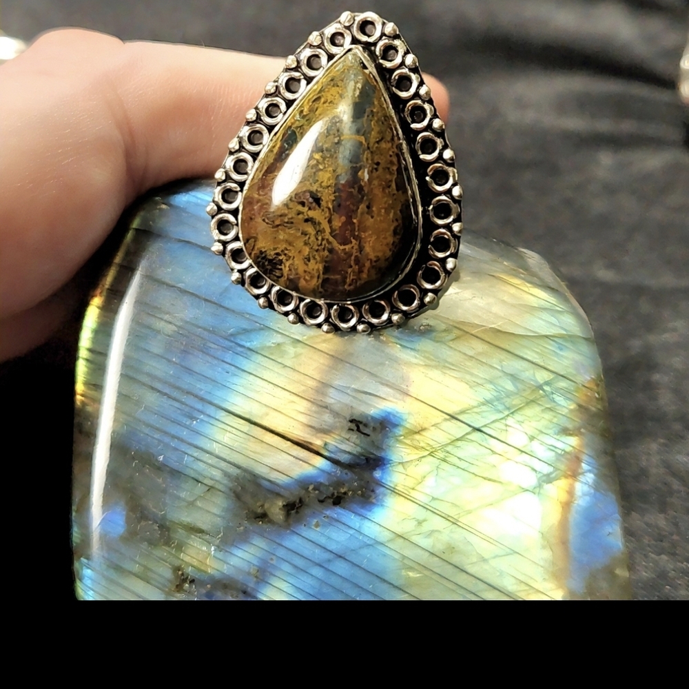 ~Size 8 1/2, Beautiful, Cabo-Cut, Teardrop Bloodstone ring with ornate Bezel
